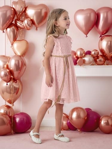 ALLOVIN Toddler and Girls Vintage Boho A-Line Lace Dress with Belt Pom Pom Trim Birthday Party Dress | Pink | 6-7Y - Thumbnail 5