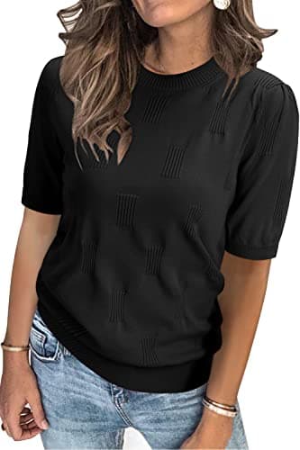 Arach&Cloz Women's Fashion Spring Summer Tops 2026 Short Sleeve Sweater Crew Neck Knit Pullover Dressy Easter Shirt Business Casual Work Outfits Black S - Image 1