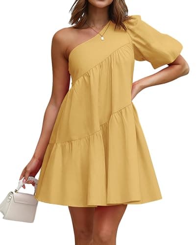 KIRUNDO Summer One Shoulder Mini Baby Doll Dresses Women 2026 Casual Puff Sleeve Loose Tiered A Line Flowy Short Dress(Yellow, XX-Large) - Image 1