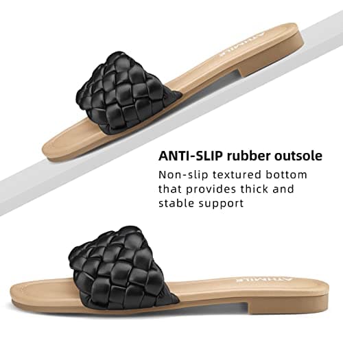 ATHMILE Braided Womens Sandals Round Open Toe Fashion Slide Sandals Women Dressy Summer Flat Beach Black Size 10 - Thumbnail 3
