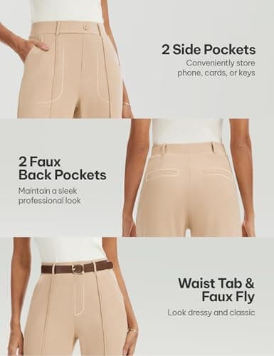 AVAMO Wide Leg Dress Pants for Women Pull On Stretchy Work Pants with Pockets High Elastic Waist Office Business Khaki - Thumbnail 6