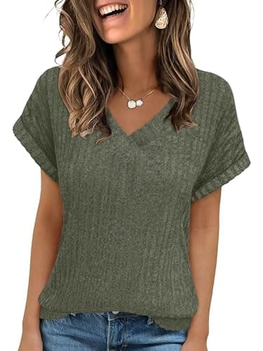 ANRABESS Women Tops Summer Sweaters Short Sleeve V Neck Shirts 2026 Spring Fashion Dressy Casual Business Tunic Blouses Deep Green Small - Image 1