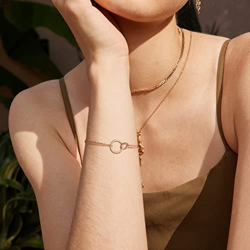 Valloey Rover Gold Bracelets for Women?Dainty Bar Heart Circle Hamsa Evil Eye Cross Cubic Zirconia Charm Adjustable Bracelet Fashion Jewelry for Women(bar - Thumbnail 2