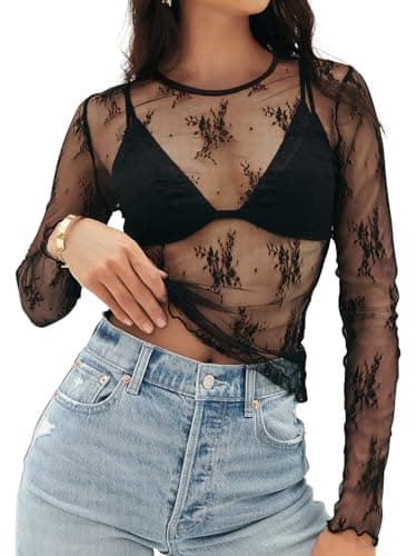 MEROKEETY Womens Long Sleeve Lace Sheer Mesh Top 2025 Crewneck Sexy Y2k See Through Going Out Blouse Shirts, Black, Small - Image 1