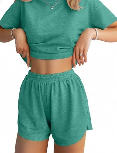 JUSTFASHIONNOW Womens Short Pajamas Set 2 Piece Lounge Set Women Stripe Short Sleeve Split Shorts Sets Casual Summer Shorts Sets Comfy Loungewear Outfits Green XXL - Image 1