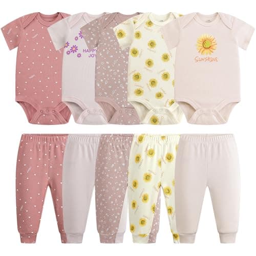 Baby Newborn Layette 10-Piece Set Cotton Bodysuits Short Sleeve Pants Sets Rainbow Stars Printed for Baby Boys Girls Toddler Unisex Baby Gift Sets for 9 12 Months - Image 1