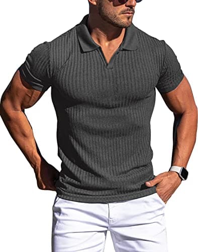 Collared Muscle Shirts for Men Ribbed Knit Slim Fit Polo Shirts Short Sleeve, Mens V Neck T Shirts Casual Stylish Dark Grey - Image 1