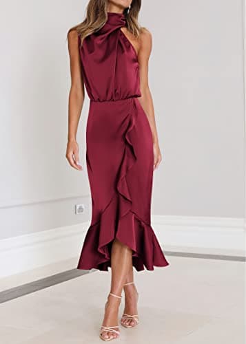 KIRUNDO Women 2026 Spring Summer Satin Mock Neck Wedding Guest Party Cocktail Midi Dress Sleeveless Wrap Ruffle Formal Dress(Wine Red, Small) - Thumbnail 2