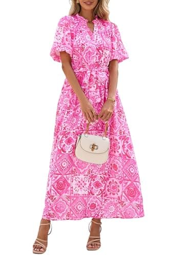 KIRUNDO Women Spring Summer Wedding Guest Boho Floral Maxi Dress Puff Sleeve Button Shirt V Neck Flowy Beach Vacation Dress(Rose Red, Small) - Image 1