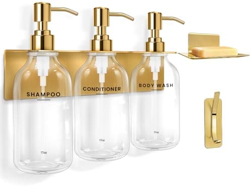 KLL Shampoo and Conditioner Dispenser Set - Wall Mounted Shower Soap Dispenser - 17oz No-Drill Refillable Plastic Pump Bottles for Bathroom - Includes Soap Dish & Hook (Transparent) - Image 1