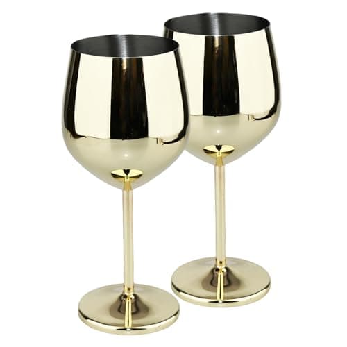 TJ Wine Glasses Stainless Steel Set of 2, Unbreakable Wine Glass 17oz, Wine Accessories Cool Wine Glass, Wine Goblets for Outdoor, Travel, House Warming, Valentines, Anniversary, Gold