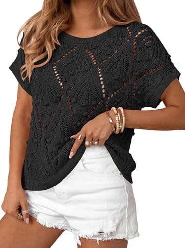 Cakulo Womens Summer Short Sleeve Crochet Sweater Casual Boho Crop Tops 2026 Beach Vacation Cruise Outfits Black L - Image 1