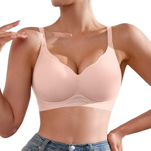 DEANGELMON Scalloped V Neck Wireless Bras for Women Seamless No Underwire Full Coverage Push Up Bras Soft Comfort Bralettes(Pink,S) - Image 1