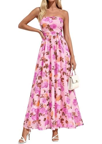PRETTYGARDEN Womens Boho Maxi Dress 2026 Summer Floral Tube Strapless Spring Wedding Guest Cocktail Long Dresses (Floral Apricot Pink,Medium) - Image 1