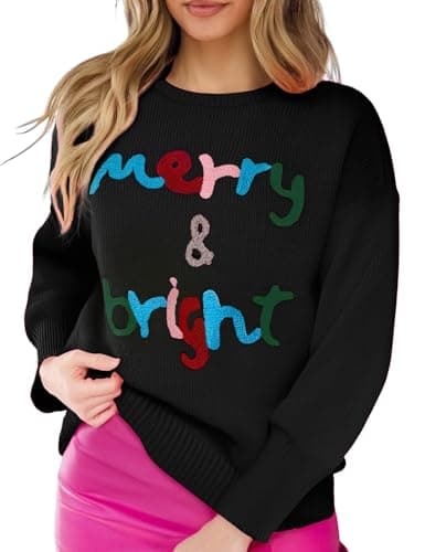 Christmas Sweater for Women Merry And Bright Xmas Pullover Top Crewneck Chenille Letter Patch Jumper (Black-XL) - Image 1