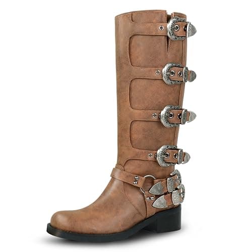 LeunDen Brown Vintage Knee High Riding Boots for Women, Faux Leather Tall Boots with Decorative Buckles, Distressed Medieval Gothic Style, Chunky Block Heel Size 10 - Image 1