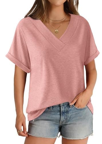 GKBK Womens Short Sleeve T Shirts V Neck Loose Fit Shirts Summer Casual Basic Tee Tops Rose L - Image 1