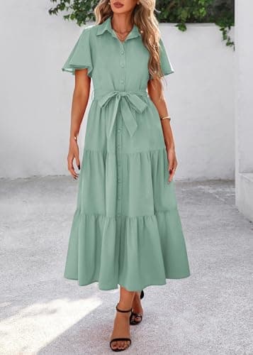 KIRUNDO Summer Button Down Wedding Guest Shirt Dresses for Women Maxi Flutter Short Sleeve Flowy Tiered Beach Sun Dress(Bean Green, XX-Large) - Thumbnail 4