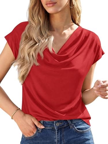 BTFBM Cowl Neck Tops for Women 2026 Spring Womens Tops Dressy Casual Business Blouses Short Sleeve Shirts Summer Outfits(Red, X-Small) - Image 1