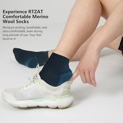 RTZAT Men's Women's 90% Merino Wool Ankle Athletic Business Casual Running Moisture Wicking Arch Support Thin Wool Socks, Navy, Medium - Thumbnail 4