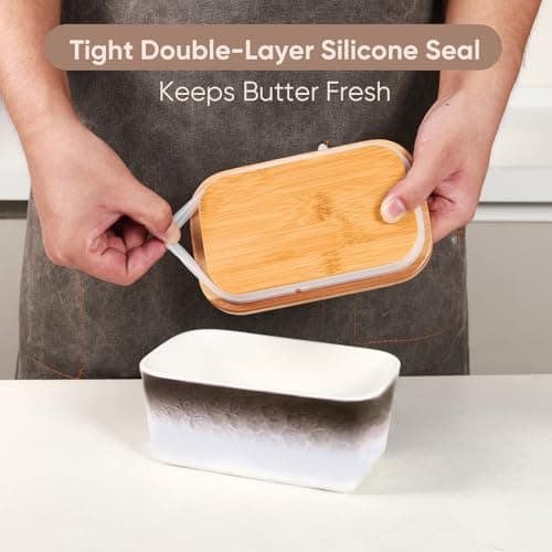 GLAVIONIX Butter Dish with Lid, 6.5" Large Butter Container for Countertop, Ceramic Brown Butter Keeper Container with Knife, Bamboo Cover and High-Quality Silicone Sealing for Home Decor - Thumbnail 5