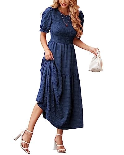 dowerme Womens Summer Dresses 2025 Casual Puff Short Sleeve Crewneck Smocked Flowy Ruffle Boho Beach Party Maxi Sundress(Navy,Small) - Image 1