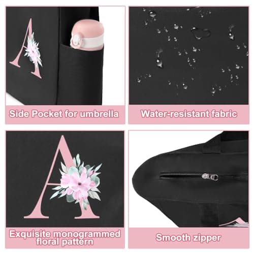 Vavabox Tote Bag, A-Z Initial Monogrammed Waterproof Tote Bag, Bridesmaid Gifts for Women, Black and Pink (F, Black) - Thumbnail 4