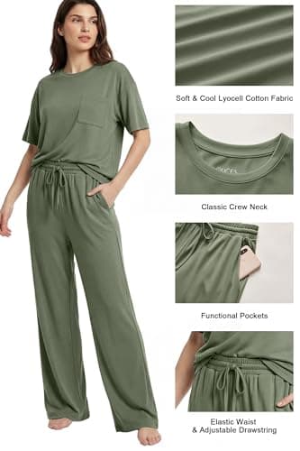 OUGES Women's Summer Pajamas 2 Piece Lounge Sets for Women Short Sleeve Wide Leg Pants Lyocell Cotton Blend Cool Feeling Maternity Postpartums Loungewear Pjs with Pockets(Green,XL) - Thumbnail 6
