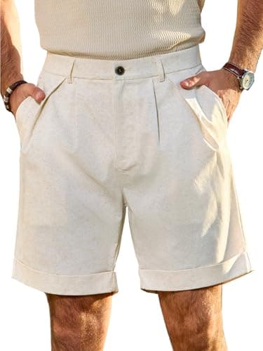 JEMLDL Men's Cotton Linen Shorts 7 Inch Inseam Casual Pleated Summer Vacation Resort Beach Elastic Waist Lightweight Shorts with Pockets Beige Large - Image 1