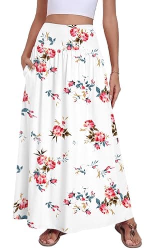 QUEZHU Maxi Skirts for Women with Pockets Long Floral Casual Flower Skirt for Beach Party Holiday,Flower White,X-Large - Image 1