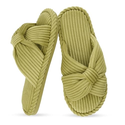 IPSAE House Slippers for Woman Memory Foam Open Toe Slippers Corduroy Cross Bow Womens Slipper Slides Comfy Indoor Bedroom Slip On Shoes - Image 1