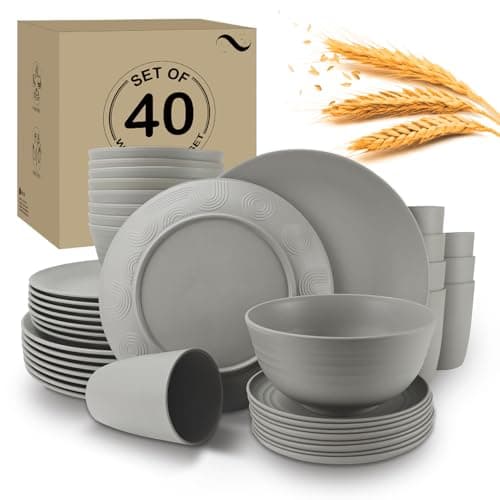 Wrova 40Pack plates and bowls sets for kitchen - Unbreakable wheat straw dinnerware sets service for 8 - Alternative plastic 40pcs dish sets for picnic,camping and R.V. - (Grey) - Image 1