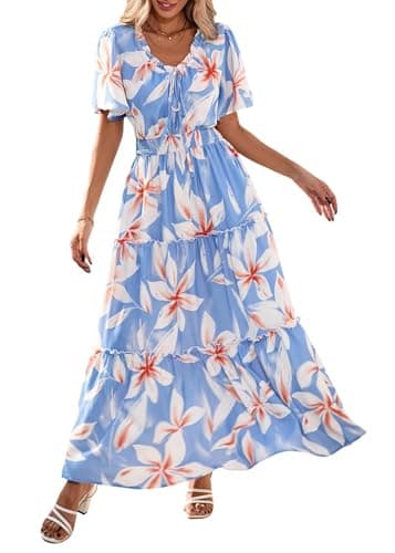 KIRUNDO Spring Summer Wedding Guest Dresses for Women 2026 Boho Floral Short Sleeve V Neck Ruffle Tiered Flowy Maxi Dress(Sky Blue, Large) - Image 1