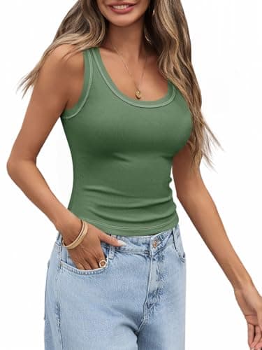 Tankaneo Womens Summer Ribbed Tank Top Casual Ringer Scoop Neck Sleeveless Knit Fitted Tops Going Out Tee Shirts Olive Green - Image 1