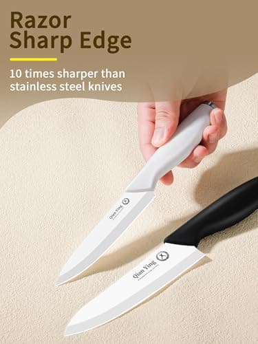 Ceramic Knife Set for Kitchen with Sheath: 100% Zirconia Pure Ceramic Sharp Blade Fruit Cutting Knives 9Pcs with Cover Rustproof Clean Cut Edge Black Handle, Black and White - Thumbnail 5