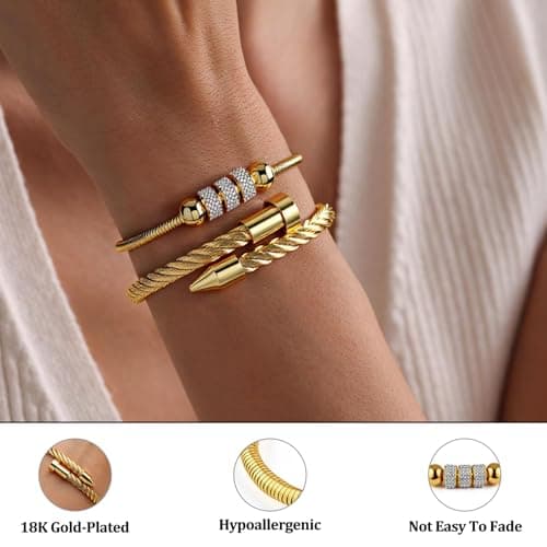 LCTrusttmor Gahna 18K Gold Plated Bangle Bracelet for Women, Non-Tarnish Stackable Nail Bracelets Set, Dainty Adjustable Cubic Zirconia Snake Chain With Beaded, Trendy Jewelry Mother's Day Birthday Gifts for Lover Mom Her - Thumbnail 4