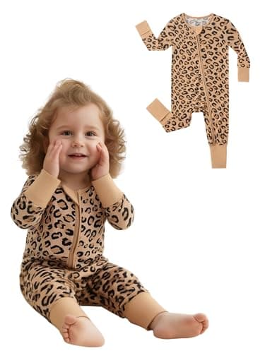 Infant Boys Girls Outfit Clothes Set Newborn Baby Romper Bamboo Long Sleeve Zipper Bodysuit Jumpsuit (Leopard Print, 1-3M) - Image 1