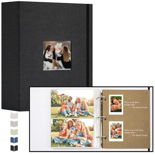 Vienrose Photo Album 4X6 60 Pockets, Linen Scrapbook Memory Book, 3 Ring Binder Album with 40 Writing Pages, and 20 Self-Adhesive Pages, Travel Family Wedding (Black) - Image 1