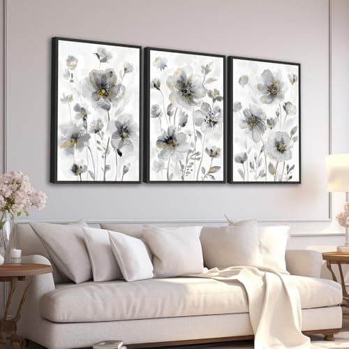 Large Framed Wall Art Wildflowers Wall Pictures, Modern Cream White Flowers Painting Prints 16"x24" Set of 3 Abstract Blossom Plant Canvas Artwork for Living Room Bedroom Office Home Decor - Image 1