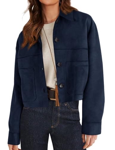 PRETTYGARDEN Women's Faux Suede Cropped Jacket Casual Lightweight Fall Fashion 2026 Winter Coats Outerwear Trendy Clothes (Navy Blue,Large) - Image 1
