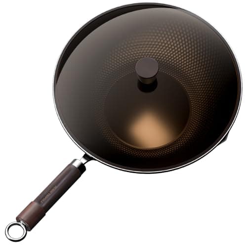 Armorbear Carbon Steel Wok Pan, Tripole Nitrided Pre-Seasoned Flat Bottom Woks & Stir-Fry Pans Nonstick, Chinese Wok with Glass Lid for All Stovetops, Gift for Chef - 11.8 Inch