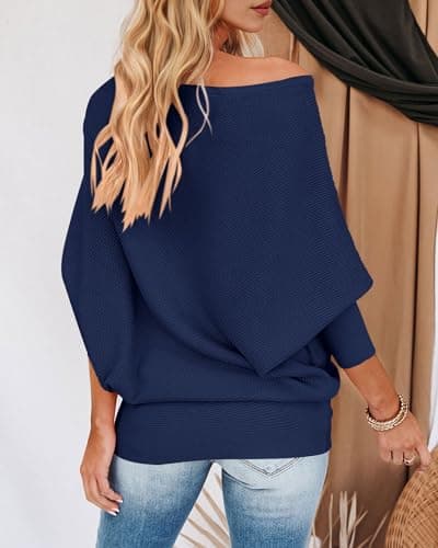 Zenlonr Women's Fall Sweaters 2026 Casual Long Batwing Sleeve Loose Off Shoulder Knit Pullovers Jumper Tops(Navy,Large) - Thumbnail 5
