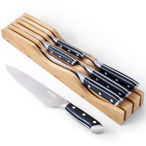 Topfeel 6Pcs Kitchen Knife Set with In-Drawer Bamboo Knife Organizer- 3.5-8 Inch Set Kitchen Knives German High Carbon Stainless Steel Sharp Knife, Knives Set for Kitchen with Ergonomic Handle