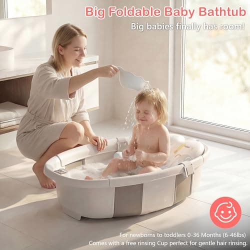 Collapsible Baby Bathtub - Large Baby Bath Tub with Thermometer | Bath Essential Bañera para Bebe Easy Fold Baby Tub | Travel Infant Newborn Toddler Bathtub for Baby Girl Boy 0 to 36 Months (Grey) - Thumbnail 2