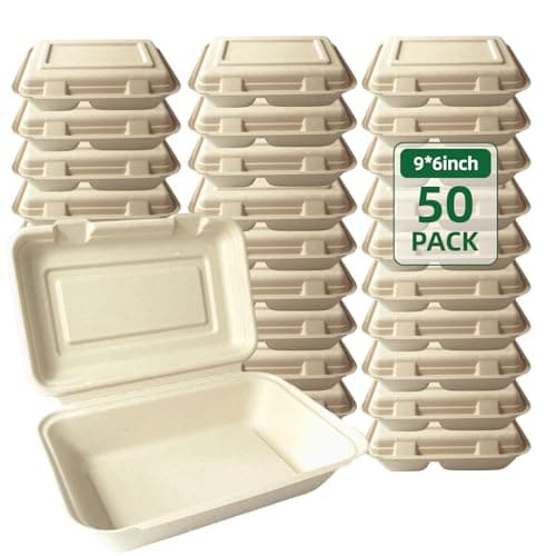 Compostable food to go containers with lids 9x8 Inch Takeout Lunch Box Containers with Lid To Go Take Out Clamshell for Food, Disposable Eco-Friendly Biodegradable bamboo, PFAS-Free, Brown (50) - Image 1