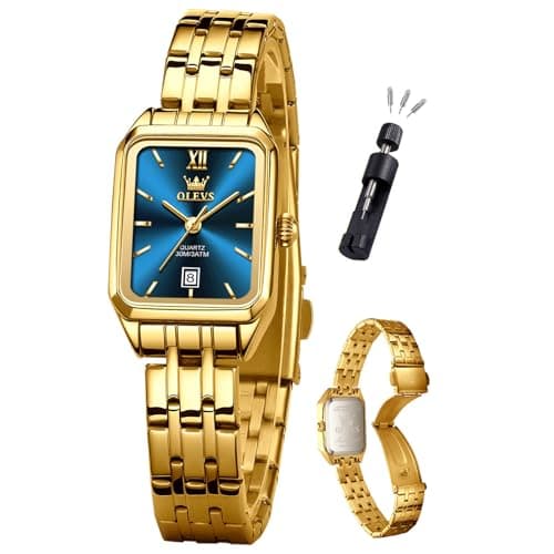 OLEVS Watch Womens Gold Luxury Rectangle Waterproof Fashion Small Wrist Blue Face Watches for Women Square Stainless Steel Analog Quartz Dress Womens Watch Reloj para Mujer - Image 1