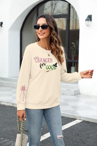 KIMSOONG Musical Movie Sweatshirt for Women: Changed for Good Embroidered Long Sleeve Crewneck Loose Pullover Top Apricot - Thumbnail 6