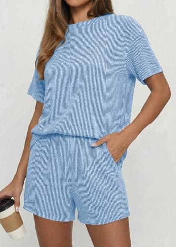 KIRUNDO 2 Piece Sets for Women Summer Shorts Lounge Set Matching Ribbed Knit Short Sleeve Top Airport Travel Vacation Outfits(Light Blue, X-Large) - Thumbnail 2