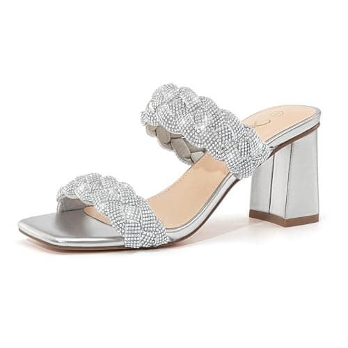Athlefit Women's Braided Heels Square Toe Strappy Braided Sandals Slides Slip On Woven Block Silver Heels Size 5.5 - Image 1