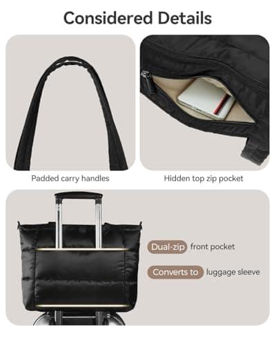 Moyad Puffy Tote Bag for Women with Zipper, Lightweight Quilted Bag Shoulder Handbag for Work, Travel, Gym, Nurse, Teacher - Black - Thumbnail 6